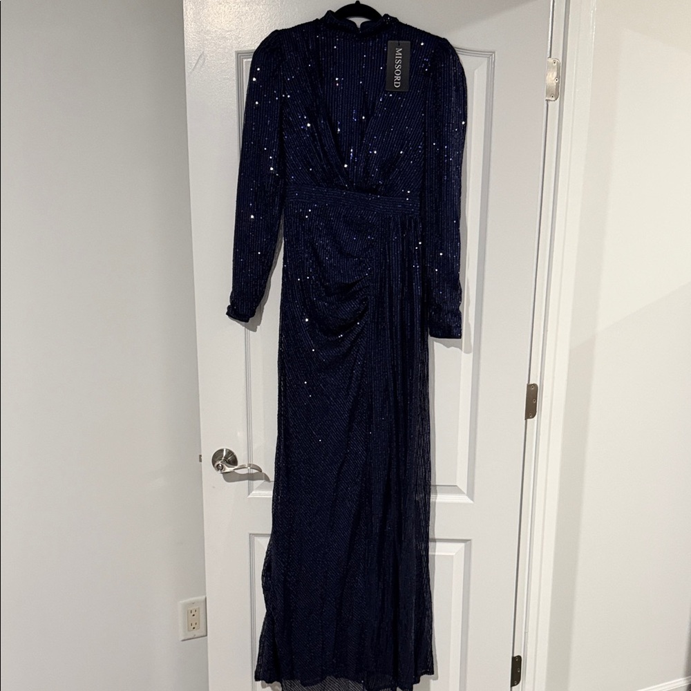 Missguided Navy Sequin Maxi Dress with Long Sleeves